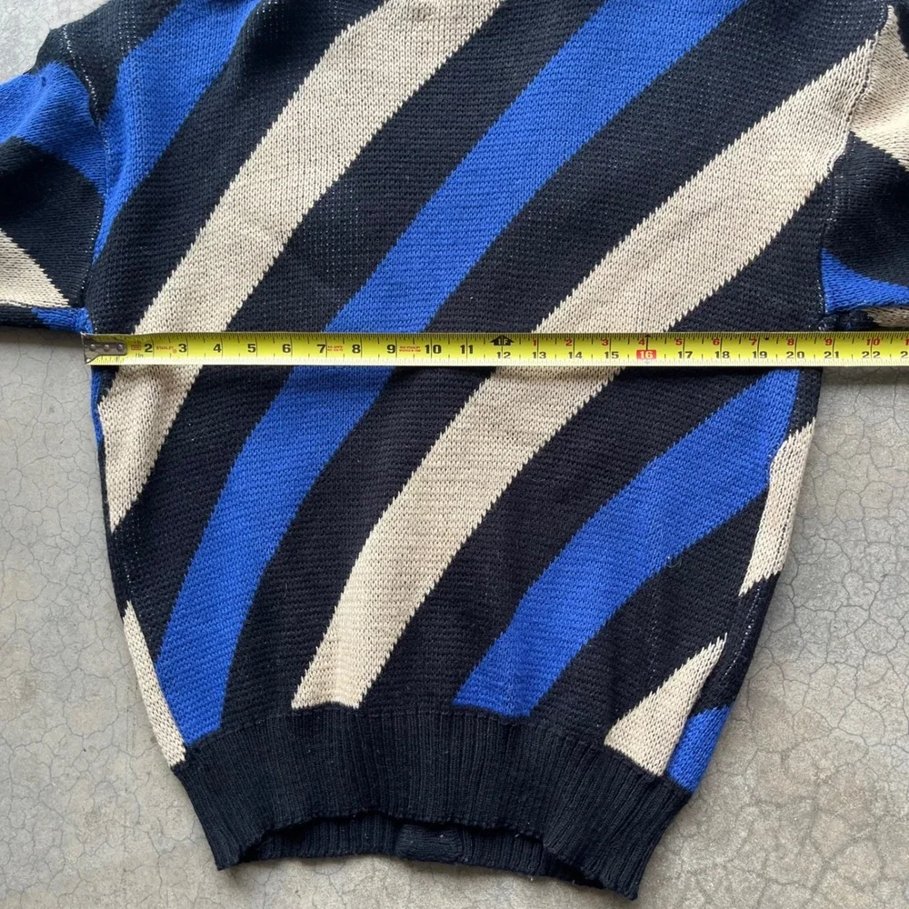 Vintage Weeds Mens Large Diagonal Stripe Cardigan Sweater Blue Black Cream Knit